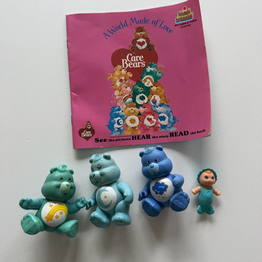 Vintage 1983 1984 Kenner Care Bears Poseable Figures Lot Mermaid Baby Doll Book